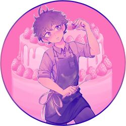 Rule 34 | 1boy, apron, cake, commentary, cowboy shot, english commentary, food, fruit, holding, holding food, holding fruit, holding spoon, male focus, original, pink background, pink theme, polo shirt, purple eyes, purple hair, round image, saiyakyun, signature, sleeves rolled up, solo, spoon, strawberry, wooden spoon