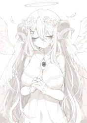 Rule 34 | 1girl, :o, absurdres, angel wings, bare shoulders, blush, closed eyes, collarbone, commentary request, curled horns, detached sleeves, dress, facing viewer, feathered wings, feathers, flower, greyscale, hair between eyes, hair flower, hair ornament, halo, highres, horns, interlocked fingers, jewelry, long sleeves, monochrome, original, own hands clasped, own hands together, parted lips, ring, simple background, sleeves past wrists, solo, stitches, strapless, strapless dress, third eye, veil, white background, wings, yuui hutabakirage