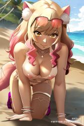 Rule 34 | 1girl, animal ears, bare shoulders, beach, belly chain, blue sky, blush, bracelet, breasts, cleavage, cloud, collarbone, commentary request, dark skin, day, eyewear on head, fate/grand order, fate (series), female pubic hair, fingernails, fox ears, fox girl, fox tail, gluteal fold, gradient hair, gyaru, heart tan, highres, jewelry, kneeling, large breasts, light brown hair, looking at viewer, multicolored hair, nail polish, navel, necklace, nude, ocean, outdoors, palm tree, pink hair, pubic hair, purple footwear, red nails, sky, smile, solo, sunglasses, suzuka gozen (fate), suzuka gozen (swimsuit rider) (fate), sweat, tail, tan, tanline, thighlet, tree, twitter username, xkzan