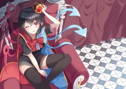 Rule 34 | 1girl, ;), adjusting clothes, adjusting headwear, asymmetrical wings, bad id, bad twitter id, black dress, black hair, black thighhighs, blush, bow, bowtie, cape, chair, crown, dress, dress tug, embellished costume, hat, houjuu nue, igayan, looking at viewer, one eye closed, parted lips, pointy ears, red bow, red bowtie, red eyes, short dress, short sleeves, sitting, smile, solo, thighhighs, touhou, wings, zettai ryouiki