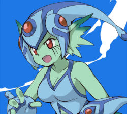 Rule 34 | 1girl, clothing cutout, cloud, digimon, digimon frontier, frog girl, helmet, lowres, n36hoko, navel cutout, official style, one-piece swimsuit, ranamon, red eyes, sky, solo, swimsuit