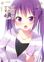 Rule 34 | 1girl, black shirt, blush, breasts, buttons, collarbone, commentary request, condom, condom wrapper, gochuumon wa usagi desu ka?, hair between eyes, hair ornament, hairclip, highres, holding, holding condom, jacket, long hair, long sleeves, looking at viewer, loungewear, medium breasts, open mouth, parody, purple eyes, purple hair, sekine hajime, shirt, sidelocks, solo, striped clothes, striped jacket, tedeza rize, title parody, tsurime, twintails, upper body, white background