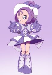 Rule 34 | 1girl, bleedman, boots, capelet, dress, full body, gloves, gradient background, hat, heart, heart necklace, highres, hug, incoming hug, jewelry, knee boots, magical girl, necklace, ojamajo doremi, one side up, outstretched arms, pointy footwear, purple background, purple capelet, purple dress, purple eyes, purple footwear, purple gloves, purple hair, purple hat, segawa onpu, smile, solo, white background, witch hat