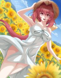 Rule 34 | 1girl, 2016, ahoge, bare shoulders, birthday, blush, bow, breasts, cloud, cureecoolan, dated, day, dress, dutch angle, flower, hair bow, hair intakes, hand on headwear, happy birthday, hat, kagami sumika, large breasts, long hair, low ponytail, muv-luv, open mouth, ponytail, red eyes, red hair, sky, sleeveless, sleeveless dress, smile, solo, straw hat, sun hat, sundress, sunflower, very long hair, white dress, wind, wind lift