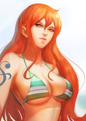 Rule 34 | 1girl, ahoge, bikini, breasts, brown eyes, cloud, cloudy sky, collarbone, female focus, green bikini, large breasts, long hair, looking at viewer, nami (one piece), narongchai singhapand, one piece, orange hair, outdoors, sky, solo, striped bikini, striped clothes, swimsuit, tattoo, upper body