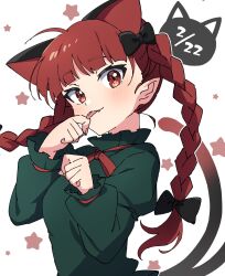 Rule 34 | 1girl, animal ears, blush, braid, cat day, cat ears, cat tail, dated, dress, extra ears, fang, green dress, highres, kaenbyou rin, long hair, long sleeves, miz (mizillustration), multiple tails, red eyes, red hair, smile, solo, star (symbol), starry background, tail, tongue, tongue out, touhou, twin braids, two tails, upper body, white background