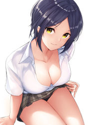 Rule 34 | 10s, 1girl, arm at side, arm support, black panties, black skirt, blouse, blue hair, bokokichi (you), breasts, brown skirt, buttons, cleavage, clothes lift, collarbone, collared shirt, dress shirt, groin, hayami kanade, head tilt, idolmaster, idolmaster cinderella girls, invisible chair, large breasts, leaning forward, lifted by self, looking at viewer, miniskirt, no bra, panties, pantyshot, parted bangs, partially unbuttoned, plaid, plaid skirt, pleated skirt, purple hair, shirt, short hair, short sleeves, simple background, sitting, skirt, skirt lift, smile, solo, tareme, thighs, underwear, white background, white shirt, wing collar, yellow eyes