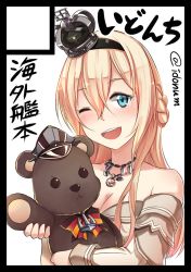 Rule 34 | 10s, 1girl, anchor, blonde hair, blue eyes, braid, circle cut, crown, dress, french braid, hairband, hat, ido (teketeke), jewelry, kantai collection, long hair, mini crown, necklace, off-shoulder dress, off shoulder, one eye closed, open mouth, peaked cap, solo, stuffed animal, stuffed toy, teddy bear, twitter username, upper body, warspite (kancolle), white background, white dress