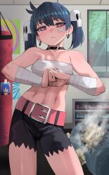 Rule 34 | 1girl, :&lt;, bandaged arm, bandages, bandaid, bandaid on cheek, bandaid on face, bare shoulders, belt, belt buckle, black choker, black nails, black shorts, blue hair, breasts, bright pupils, buckle, chest sarashi, choker, commentary, contrapposto, cowboy shot, crossed bandaids, earrings, english commentary, fingernails, fist in hand, gris (vertigris), gym, hair ornament, highres, indoors, jewelry, ji-yoon (jourd4n), jourd4n, looking at viewer, nail polish, no jacket, original, photo (object), pink belt, pink eyes, punching bag, sarashi, shorts, skull hair ornament, small breasts, solo, standing, toned, twintails, white pupils, window