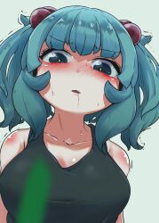 Rule 34 | + +, 1girl, absurdres, alternate costume, black tank top, blue eyes, blue hair, blurry, blurry foreground, blush, body blush, breasts, commentary request, cucumber, drooling, from below, grey background, hair bobbles, hair ornament, highres, kawashiro nitori, large breasts, looking down, medium bangs, medium hair, nose blush, onaji (sokudo seigen), open mouth, simple background, solo, sweat, tank top, touhou, trembling, two side up, upper body