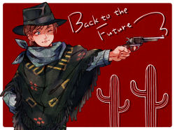 Rule 34 | 1boy, back to the future, blue eyes, brown hair, cowboy, cowboy hat, cowboy western, gun, hat, holding, holding gun, holding weapon, marty mcfly, one eye closed, poncho, solo, tagme, weapon, western