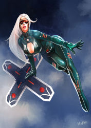 Rule 34 | 1girl, alternate costume, bodysuit, boomerang, breasts, cleavage, cleavage cutout, clothing cutout, gloves, hun., large breasts, league of legends, leaning forward, lips, lipstick, long hair, makeup, silver hair, sivir, solo, visor