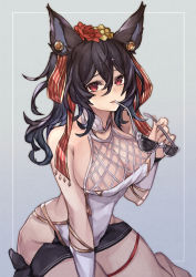 Rule 34 | 1girl, bare shoulders, black hair, breasts, cleavage, erune, fishnet top, fishnets, flower, granblue fantasy, hair flower, hair ornament, highres, ilsa34660285, large breasts, long hair, one-piece swimsuit, purin uni, red eyes, sitting, solo, sunglasses, swimsuit, white one-piece swimsuit