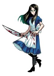 Rule 34 | 1girl, 2024, alice: madness returns, alice in wonderland, alice liddell (american mcgee&#039;s alice), american mcgee&#039;s alice, american mcgee's alice, apron, black footwear, black hair, blood, blood on clothes, bloody weapon, blue dress, boots, clenched hands, commentary, dress, female focus, floating hair, frilled dress, frills, green eyes, high heel boots, high heels, highres, holding, holding knife, holding weapon, juliet sleeves, kirkirmaimai, knee boots, knife, long hair, long sleeves, looking at viewer, puffy short sleeves, puffy sleeves, short sleeves, solo, standing, standing on one leg, toon (style), weapon