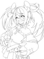 Rule 34 | 1girl, absurdres, animal ear fluff, animal ears, bare shoulders, bow, collar, collarboner, detached sleeves, greyscale, hair between eyes, hakos baelz, hands on own hips, highres, hololive, hololive english, key, lineart, long hair, monochrome, mouse ears, navel, open mouth, p-gnesium, simple background, skirt, solo, spiked collar, spikes, stuffed animal, stuffed toy, teddy bear, twintails, virtual youtuber, white background, x
