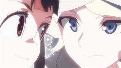 Rule 34 | 10s, 2girls, animated, animated gif, blue eyes, brown hair, diana cavendish, eye contact, holding hands, happy, hat, kagari atsuko, little witch academia, long hair, looking at another, lowres, multicolored hair, multiple girls, red eyes, robe, smile, staff, two-tone hair, wavy hair, witch, witch hat, yuri