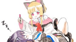 Rule 34 | &gt;:), 2girls, :3, animal ear headphones, animal ears, blonde hair, blue archive, blue necktie, blush, bow, cat ear headphones, cat tail, fake animal ears, hair bow, halo, headphones, highres, hood, hoodie, marker, momoi (blue archive), multiple girls, multiple hair bows, necktie, open mouth, pink bow, pink eyes, pink halo, pink hoodie, purple hair, red bow, shinbashi seiji, short hair, short twintails, sleeping, smile, tail, twintails, v-shaped eyebrows, white background, yuuka (blue archive), zzz