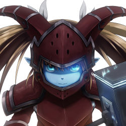 Rule 34 | 1girl, armor, blonde hair, blue eyes, blue skin, colored skin, damaged, hair ribbon, helmet, highres, horns, league of legends, looking at viewer, mace, mocco (sachima), pointy ears, poppy (league of legends), ribbon, solo, twintails, war hammer, warhammer, weapon, yordle