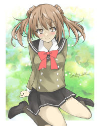 Rule 34 | 1girl, alternate costume, black socks, black sailor collar, black skirt, bow, bowtie, brown eyes, buttons, double-breasted, double bun, full body, gakky, hair bun, kantai collection, kneehighs, light brown hair, loafers, looking at viewer, michishio (kancolle), one-hour drawing challenge, pleated skirt, red bow, red bowtie, sailor collar, shoes, short twintails, skirt, socks, solo, twintails