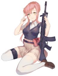 Rule 34 | 1girl, assault rifle, belt, belt pouch, black vest, braid, braided bun, brown footwear, brown skirt, character request, closed mouth, collared shirt, gun, hair bun, highres, holding, holding gun, holding weapon, hoojiro, howa type 89, index finger raised, loafers, looking at viewer, miniskirt, pink hair, pleated skirt, pouch, rick g earth, rifle, school uniform, shirt, shoes, short sleeves, simple background, single hair bun, sitting, skirt, smile, solo, thighhighs, vest, wariza, weapon, white background, white shirt, white thighhighs, wing collar, yellow eyes