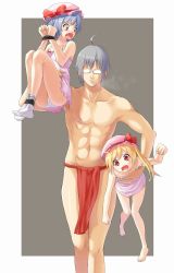 Rule 34 | 1boy, 2girls, ahoge, bare legs, barefoot, blonde hair, blue eyes, blush, bound, breath, carrying, carrying under arm, chemise, dress, fang, flandre scarlet, fundoshi, glasses, hat, hat ribbon, highres, japanese clothes, mannosuke, meso-meso, morichika rinnosuke, multiple girls, no wings, opaque glasses, open mouth, panties, pink dress, pink skirt, red eyes, remilia scarlet, ribbon, siblings, side ponytail, silver hair, sisters, skirt, strap slip, tears, tied up (nonsexual), touhou, underwear, underwear only, wavy mouth, white panties, you gonna get raped