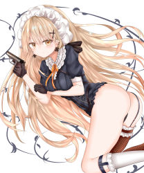Rule 34 | 1girl, absurdres, ass, asymmetrical legwear, black gloves, black panties, blonde hair, blush, bow, breasts, closed mouth, dress, earrings, frills, garter straps, girls&#039; frontline, gloves, gun, hair ornament, hairclip, highres, holding, holding gun, holding weapon, jewelry, lace, lace-trimmed legwear, lace trim, long hair, looking at viewer, maid headdress, medium breasts, mismatched legwear, multiple earrings, orange bow, panties, ppk (girls&#039; frontline), ribbon, ru zhai, single thighhigh, skirt, unworn skirt, solo, spotted legwear, strap, symbol-shaped pupils, thighhighs, thighs, underwear, uneven legwear, weapon, white thighhighs, yellow eyes