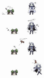 Rule 34 | !?, &gt;:), 10s, 2girls, = =, ^^^, abyssal ship, bird, colored skin, diving mask, diving mask on head, fleeing, goggles, goggles on head, green hair, grey hair, hands on own head, hawk, hiding, kantai collection, long hair, maru-yu (kancolle), multiple girls, pale skin, short hair, simple background, smile, ta-class battleship, tanaka kusao, translation request, tree, turret, v-shaped eyebrows, white background, white skin