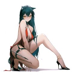 Rule 34 | 1girl, :s, alternate costume, animal ears, anklet, arknights, backless dress, backless outfit, bare arms, bare legs, bare shoulders, between legs, black footwear, blue hair, blush, breasts, closed mouth, dagger, dress, evening gown, eyyy, full body, hand between legs, high heels, highres, jewelry, knee up, kneeling, knife, long hair, looking at viewer, medium breasts, necklace, red dress, resolution mismatch, revealing clothes, sleeveless, sleeveless dress, solo, source larger, tail, texas (arknights), thigh strap, very long hair, weapon, wolf ears, wolf girl, wolf tail, yellow eyes