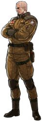 Rule 34 | 1boy, advance wars, advance wars: days of ruin, belt, belt pouch, black eyes, boots, brenner (advance wars), crossed arms, facial hair, full body, gloves, goatee, hiroaki (kof), knee pads, male focus, military, military uniform, official art, pouch, profile, scar, short hair, simple background, smile, solo, standing, thigh strap, uniform, white hair