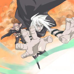 Rule 34 | 00s, 1boy, 1girl, cape, falling, foreshortening, futaco, karasu (noein), kosagi, noein, outstretched arms, pointy ears, silver hair, spiked hair, surprised, wide-eyed