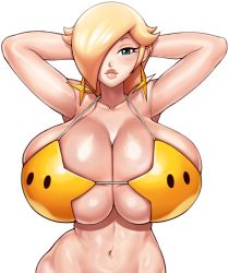 Rule 34 | 1girl, absurdres, arms behind back, arms behind head, arms up, bikini, bikini top only, blonde hair, blue eyes, blush, borrowed design, breasts, cleavage, ear piercing, earrings, greyimpaction, hair over one eye, highres, huge breasts, jewelry, long hair, looking at viewer, mario (series), navel, nintendo, piercing, rosalina, simple background, smile, solo, star-shaped bikini, star (symbol), star earrings, super mario galaxy, swimsuit, thick lips, white background