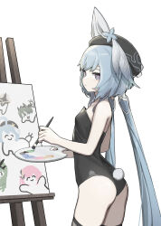 Rule 34 | 1girl, animal ears, ass, bare arms, beret, black hat, blue hair, bright pupils, canvas (object), closed mouth, cowboy shot, fake animal ears, fake tail, goseumgoseumdochi, griseo, hat, highres, holding, holding paintbrush, holding palette, honkai (series), honkai impact 3rd, leotard, long hair, looking at viewer, paintbrush, palette (object), playboy bunny, purple eyes, rabbit ears, rabbit tail, simple background, solo, tail, twintails, very long hair, white background