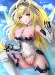 Rule 34 | 1girl, bare shoulders, blonde hair, blush, breasts, claws, collar, elbow gloves, gloves, highres, large breasts, leotard, long hair, neptune (series), nipples, orange eyes, pish, power symbol, pussy, solo, suterisu, symbol-shaped pupils, thighhighs, uncensored, yellow heart (neptune)