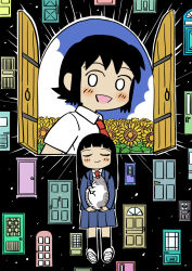 Rule 34 | 2girls, animal, bernard-jou iwaku., black background, black hair, black socks, blazer, blue jacket, blue skirt, blue sky, blunt bangs, blunt ends, blush, cat, closed eyes, closed mouth, cloud, collared shirt, commentary request, door, facing viewer, field, floating, flower, flower field, highres, holding, holding animal, holding cat, jacket, kanbayashi shiori, kneehighs, light rays, long hair, long sleeves, looking at viewer, machida sawako, multiple girls, necktie, no pupils, no sclera, open door, open mouth, outline, projected inset, red necktie, school uniform, shirt, short hair, short sleeves, skirt, sky, sleeping animal, smile, socks, summer, sunflower, sunflower field, the door into summer, too many, white eyes, white outline, white shirt, wooden door, y-take-it