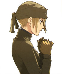 Rule 34 | 1girl, baccano!, bandana, blonde hair, enami katsumi, from side, gloves, official art, profile, rachel (baccano!), short hair, simple background, solo, white background