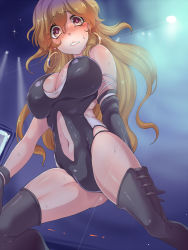 Rule 34 | 1girl, adapted costume, black gloves, black thighhighs, boots, breasts, brown hair, cleavage cutout, clothing cutout, elbow gloves, embarrassed, gloves, hijiri byakuren, large breasts, leotard, long hair, shiny skin, solo, suikamaru, sweatdrop, thigh boots, thighhighs, touhou, yellow eyes