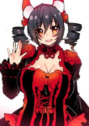Rule 34 | 1girl, :d, \||/, animal ear fluff, animal ears, black dress, black hair, blade &amp; soul, blush, breasts, cleavage, dress, drill hair, flower, fox ears, hair between eyes, hand up, large breasts, long sleeves, looking at viewer, open mouth, orange eyes, original, osiimi, red flower, short hair, simple background, smile, solo, twin drills, white background