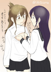 Rule 34 | 10s, 2girls, akatsuki (kancolle), blush, breasts, cleavage, cleavage cutout, clothing cutout, folded ponytail, groping, inazuma (kancolle), kantai collection, meme attire, multiple girls, open-chest sweater, ribbed sweater, sweater, translation request, turtleneck, yotsura
