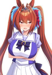 Rule 34 | 1girl, animal ears, blush, breasts, commentary request, daiwa scarlet (umamusume), fang, garukichi, hair between eyes, hair intakes, highres, horse ears, horse girl, horse tail, large breasts, long hair, looking at viewer, open mouth, red eyes, red hair, short sleeves, simple background, skin fang, skirt, solo, tail, tiara, twintails, umamusume, very long hair, white background, white skirt