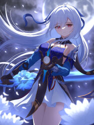 Rule 34 | 1girl, absurdres, bare shoulders, black gloves, blue bow, blue dress, blue hair, blue skirt, blue sleeves, bow, breasts, cleavage, closed mouth, commentary, cowboy shot, detached sleeves, dress, expressionless, flower, full moon, gloves, hair between eyes, hair bow, highres, holding, holding sword, holding weapon, honkai: star rail, honkai (series), jingliu (honkai: star rail), large breasts, looking at viewer, lotus, moon, nanashi1329, outstretched hand, red eyes, skirt, solo, sword, weapon
