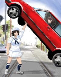 Rule 34 | 10s, 2girls, akiyama yukari, black eyes, black hair, black neckerchief, blouse, blue legwear, blue sky, blurry, blurry background, brown eyes, brown hair, car, closed mouth, cloud, cloudy sky, commentary, day, depth of field, dixie cup hat, frown, girls und panzer, hat, highres, holding, loafers, long hair, long sleeves, looking at viewer, military hat, miniskirt, miraruto (h3yja), motor vehicle, multiple girls, murakami (girls und panzer), neckerchief, ooarai naval school uniform, open mouth, outdoors, pleated skirt, print legwear, sailor, sailor collar, scene reference, school uniform, shirt, shoes, single horizontal stripe, skirt, sky, sleeves rolled up, socks, standing, surprised, sweatdrop, traffic light, utility pole, v-shaped eyebrows, white footwear, white hat, white shirt, white skirt