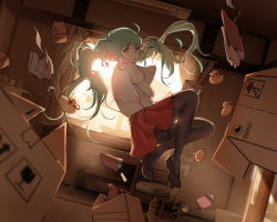 Rule 34 | 1girl, air conditioner, backlighting, black footwear, black pantyhose, blue hair, book, box, cardboard box, chair, commentary, curtains, desk, floating, floating hair, floating object, full body, green eyes, hatsune miku, highres, light blush, long hair, looking at viewer, midair, mudined, hugging object, office chair, open book, pantyhose, parted lips, pillow, pillow hug, red skirt, rubber duck, shirt, shoes, short sleeves, skirt, solo, swivel chair, twintails, vocaloid, white shirt, window