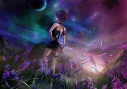 Rule 34 | 1girl, absurdres, armor, armored dress, aurora, boots, flower, from behind, fufu, highres, landscape, lavender, lavender (flower), looking at viewer, looking back, miniskirt, moon, mountain, night, night sky, original, petals, purple hair, red eyes, scenery, skirt, sky, smile, solo, star (sky), star (symbol), starry sky, thigh strap