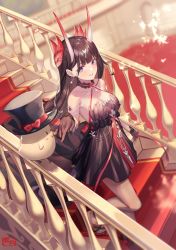 Rule 34 | 1girl, azur lane, bare shoulders, black dress, black headwear, blurry, blurry background, breasts, brown gloves, brown hair, collarbone, commentary request, dress, earrings, gloves, hair ornament, hat, highres, horns, indoors, jewelry, long hair, looking at another, manjuu (azur lane), medium breasts, noshiro (a tale of two lovers) (azur lane), noshiro (azur lane), official alternate costume, oni horns, parted lips, purple eyes, sandals, shimotsuki shio, sideways glance, sleeveless, sleeveless dress, smile, stairs, standing, top hat