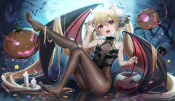 Rule 34 | 1girl, animal ears, bare arms, bare shoulders, bat (animal), black cat, blonde hair, bodystocking, bodysuit, brown bodysuit, candle, candy, cat, demon wings, feet, fh moya, food, full body, full moon, hair between eyes, halloween bucket, highres, jack-o&#039;-lantern, knee up, leg up, long hair, looking at viewer, moon, nail polish, no shoes, open mouth, original, sitting, solo, thick eyebrows, tongue, tongue out, twintails, very long hair, wings, yellow eyes