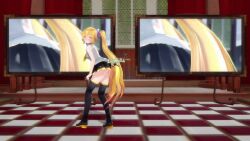 Rule 34 | 1girl, 3d, akita neru, animated, ass, audible music, bent over, black skirt, black thighhighs, blonde hair, blush, boots, checkered floor, covering privates, covering ass, covering crotch, dancing, drone, female focus, from behind, from below, from side, full body, gluteal fold, hair ornament, high heels, leaning forward, long hair, looking at viewer, midriff peek, mikumikudance (medium), miniskirt, monitor, multiple views, necktie, no panties, onlookers, panties, panty pull, pleated skirt, pulled by self, side ponytail, skirt, sleeveless, sound, squatting, standing, static, thighhighs, thighs, uep20, underwear, very long hair, video, vocaloid, yellow necktie, zettai ryouiki