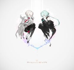 2girls ada_(synduality) belt bob_cut bodysuit boots closed_eyes fetal_position full_body green_hair grey_hair hair_ornament hairclip high_heels highres jacket magus_(synduality) multiple_girls neco noir_(synduality) off_shoulder ponytail synduality