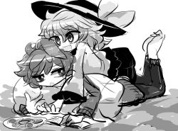 Rule 34 | 2girls, :d, blouse, book, bow, cookie, d:, food, full body, greyscale, hair between eyes, hat, hat bow, heart, heart-shaped pupils, hood, hoodie, jitome, komeiji koishi, komeiji satori, lying, lying on person, messy hair, monochrome, multiple girls, on stomach, open book, open mouth, pants, pillow, plate, shirt, short hair, siblings, sisters, skirt, smile, socks, symbol-shaped pupils, touhou, yt (wai-tei)