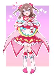 Rule 34 | 1girl, absurdres, bow, brooch, brown hair, choker, cosplay, cure precious, cure precious (cosplay), delicious party precure, food, gloves, hair bow, heart, heart brooch, highres, jewelry, keijirou (mukunozaltusou), kome-kome (precure), looking at viewer, magical girl, nagomi yui, onigiri, open mouth, pink choker, precure, purple eyes, self cosplay, smile, solo, standing, two side up, white gloves
