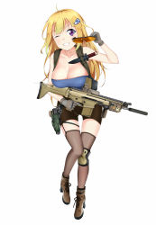 Rule 34 | 1girl, ahoge, assault rifle, bare shoulders, bike shorts, blonde hair, boots, breasts, brown footwear, chinese text, cleavage, commentary request, cross-laced footwear, unworn eyewear, fn scar, gloves, grin, gun, hair ornament, handgun, high heel boots, high heels, highres, holding, holding removed eyewear, holster, knee pads, knife, lace-up boots, large breasts, long hair, looking at viewer, one eye closed, pistol, purple eyes, qiuzhi huiyi, rifle, simple background, single knee pad, smile, solo, strapless, sunglasses, thigh strap, thighhighs, tube top, weapon, white background